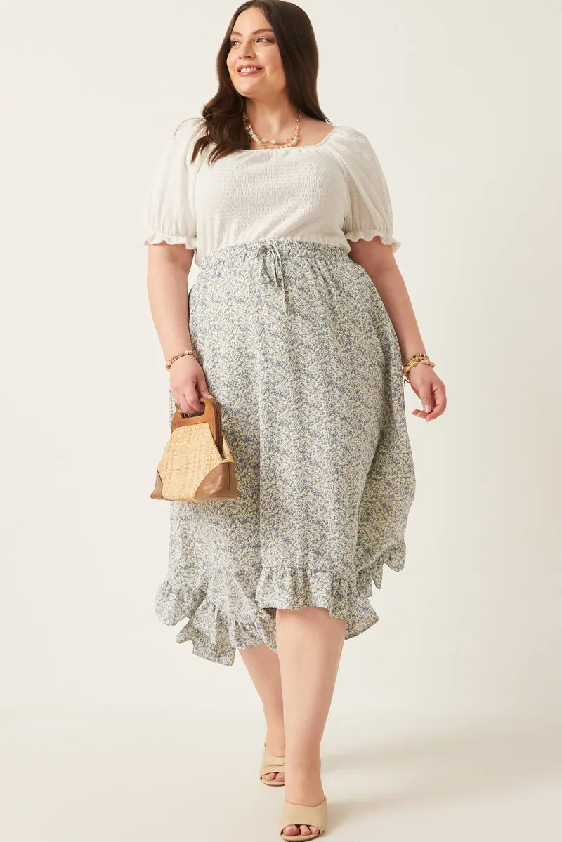 Work Friendly Ditsy Floral Ruffled Handkerchief Hem Skirt