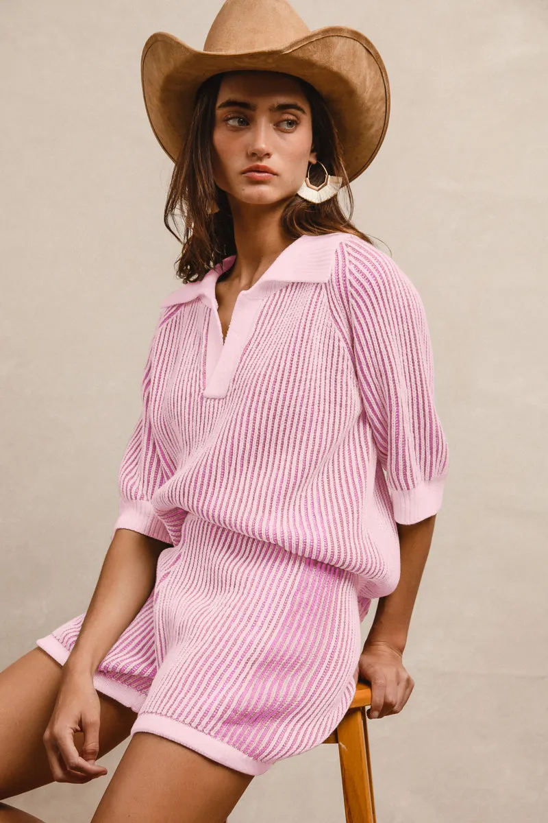 IB1667-01 | TWO TONE RIB TEXTURE SHORT SLEEVES COLLARED SWEATER TOP AND SHORTS SET Outfit Staple Neutral Look
