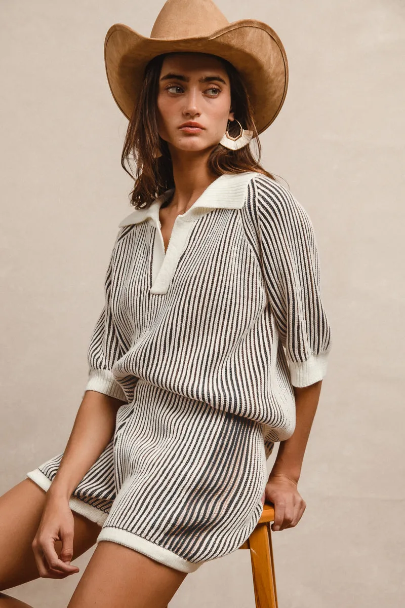 IB1667-01 | TWO TONE RIB TEXTURE SHORT SLEEVES COLLARED SWEATER TOP AND SHORTS SET Relaxed wear Lounge-friendly