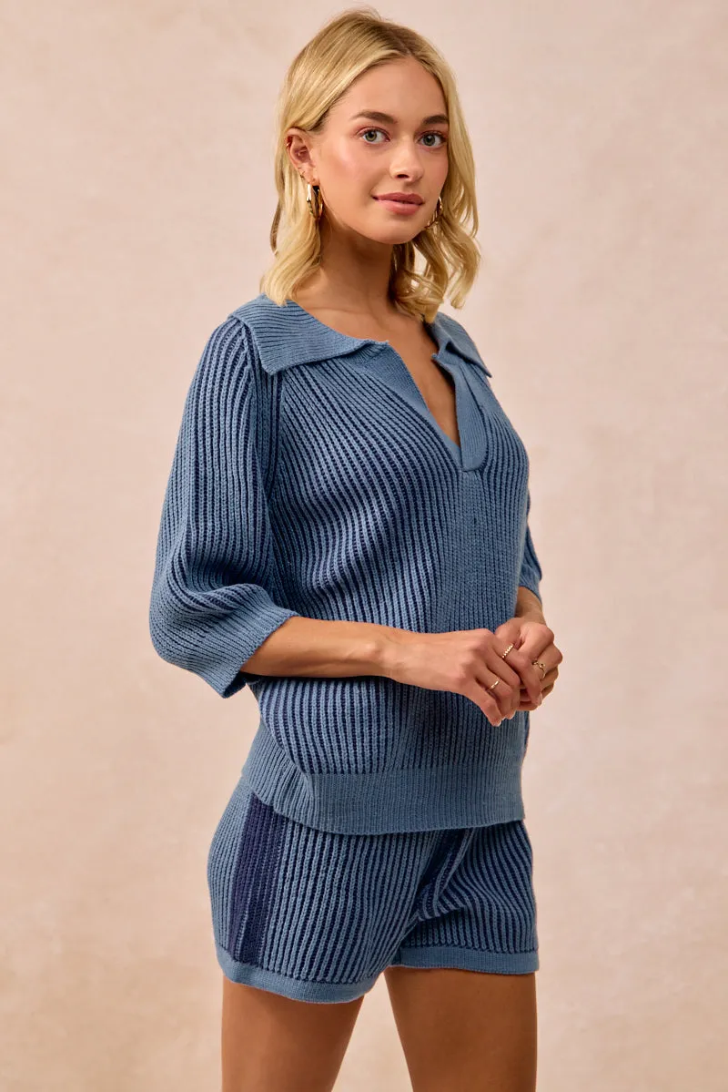 Cotton comfort Lined interior IB1667-01 | TWO TONE RIB TEXTURE SHORT SLEEVES COLLARED SWEATER TOP AND SHORTS SET