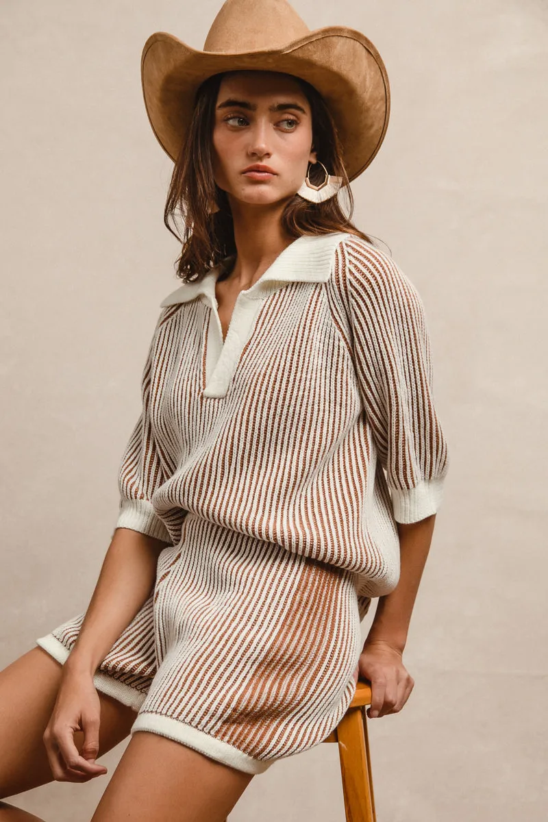 Chic casual IB1667-01 | TWO TONE RIB TEXTURE SHORT SLEEVES COLLARED SWEATER TOP AND SHORTS SET