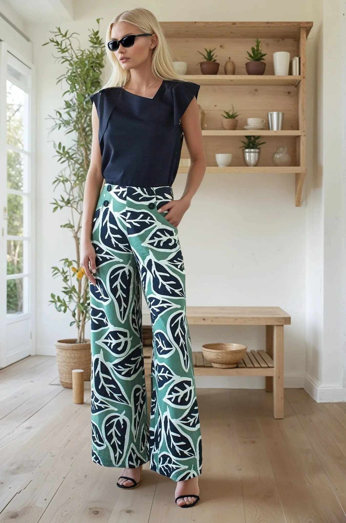 Casual Hepburn High Waist Wide Leg Pant - Sage Leaf