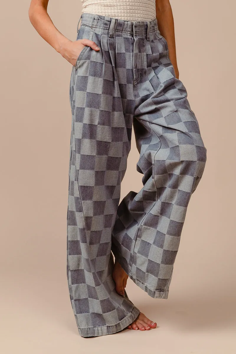 IB1476-01 | WASHED TWO TONE CHECKER WIDE PANTS Seasonless wear Modern Waist