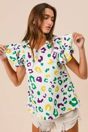 IT3125-01 | MARDIGRAS LEOPARD RUFFLED SLEEVES V NECK TOP Minimal Look
