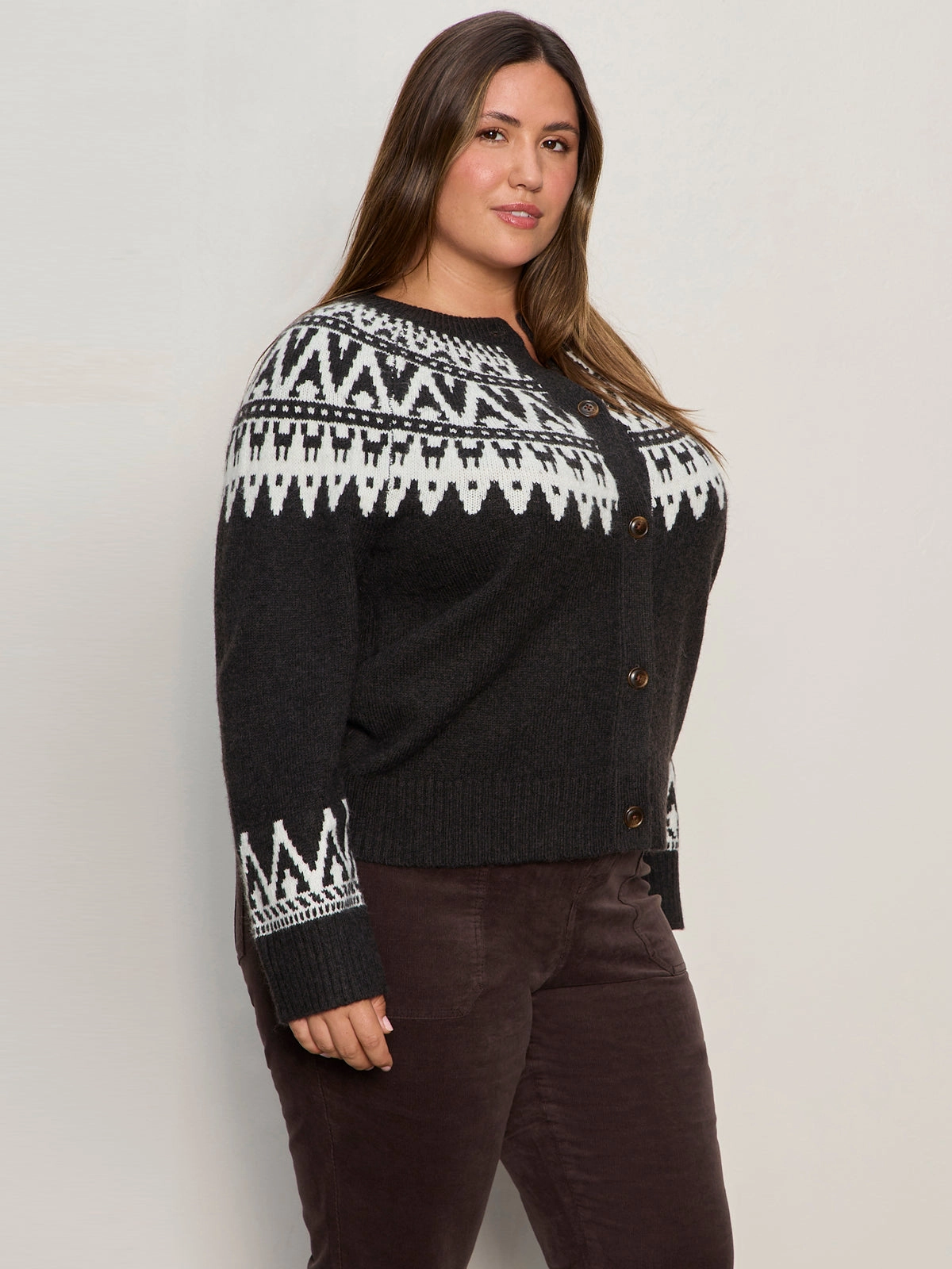 Casual Comfort Fairisle Crewneck Cardi Ink Multi Extended Sizing