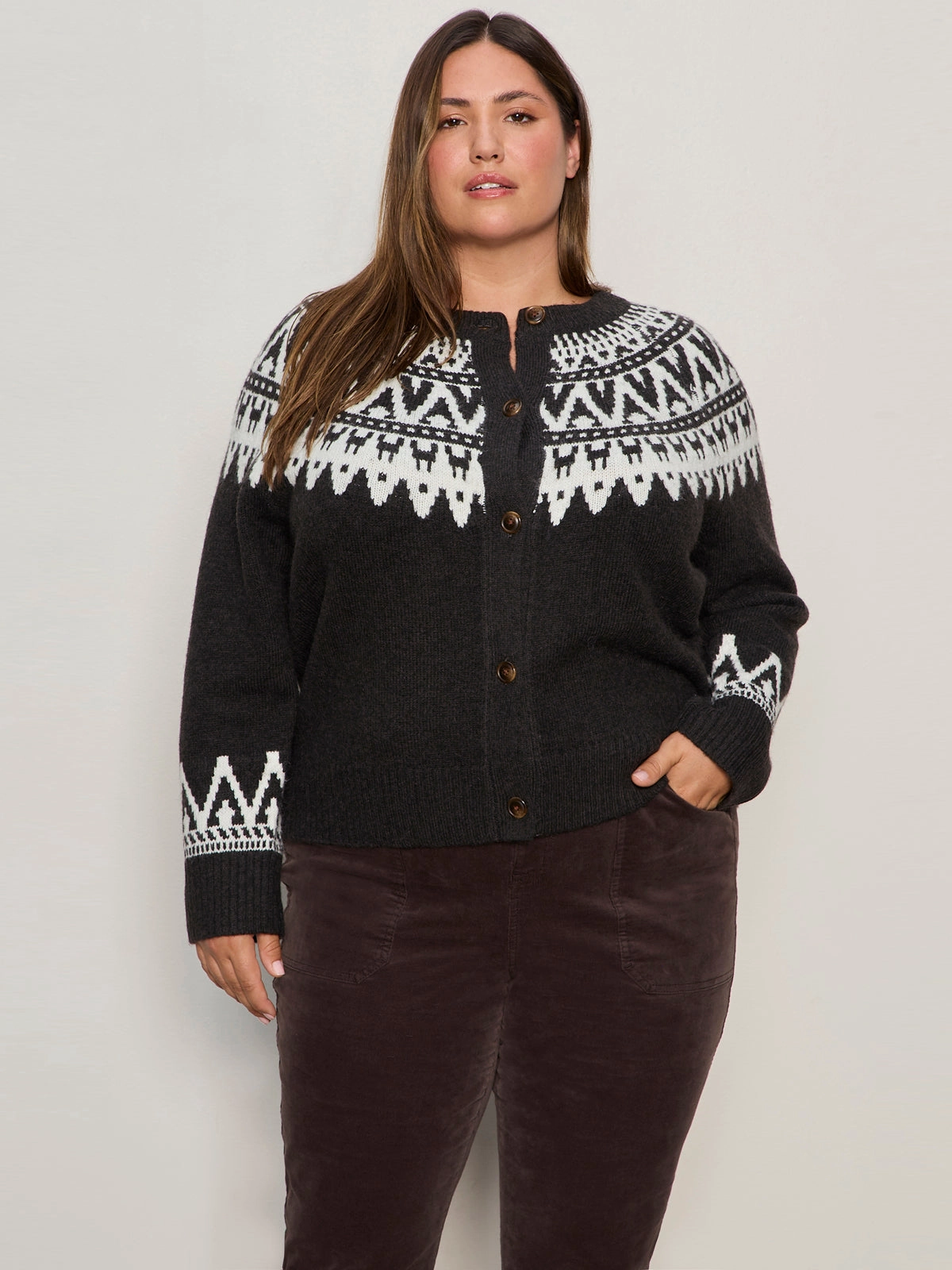 Casual Comfort Fairisle Crewneck Cardi Ink Multi Extended Sizing