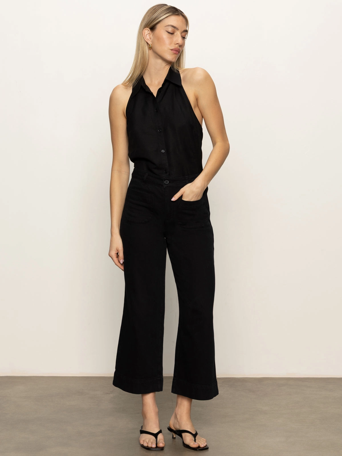 Casual Comfort Soft Marine Wide Leg Standard Rise Crop Pant Black