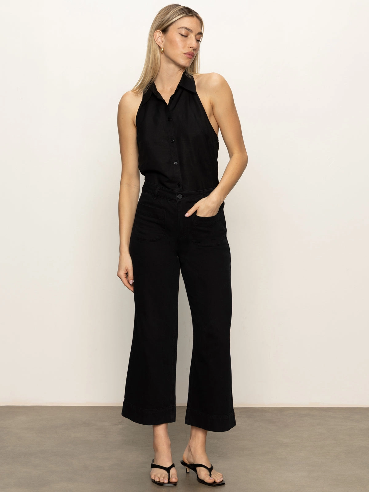 Casual Comfort Soft Marine Wide Leg Standard Rise Crop Pant Black