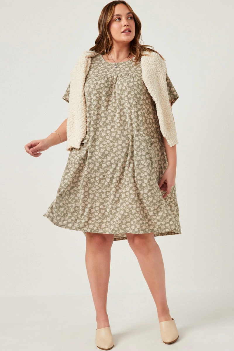 Relaxed-fit gown Skin-friendly Floral Print French Terry Slouchy Pocket Dress