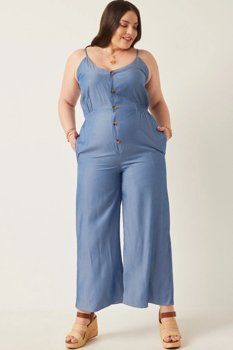 Smock Detail Buttoned Wide Leg Tencel Jumpsuit Breezy Mood