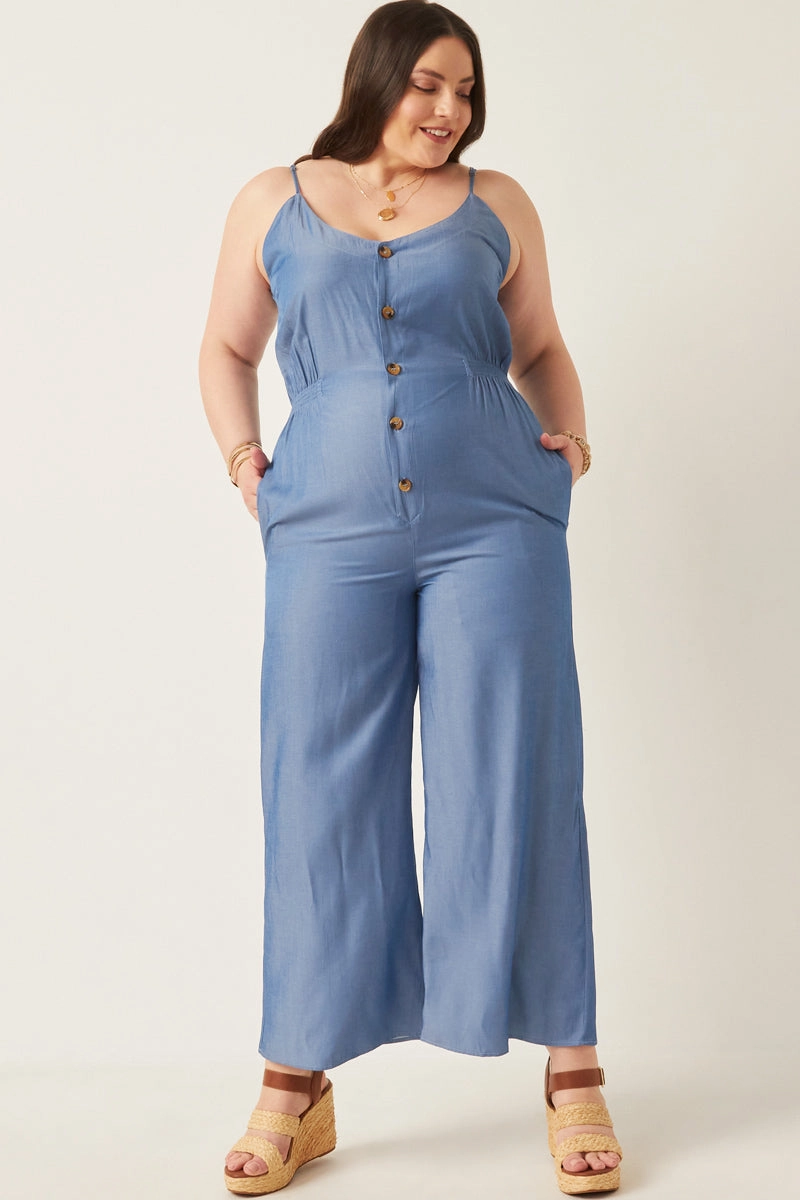 Drawstring-Waist Smock Detail Buttoned Wide Leg Tencel Jumpsuit
