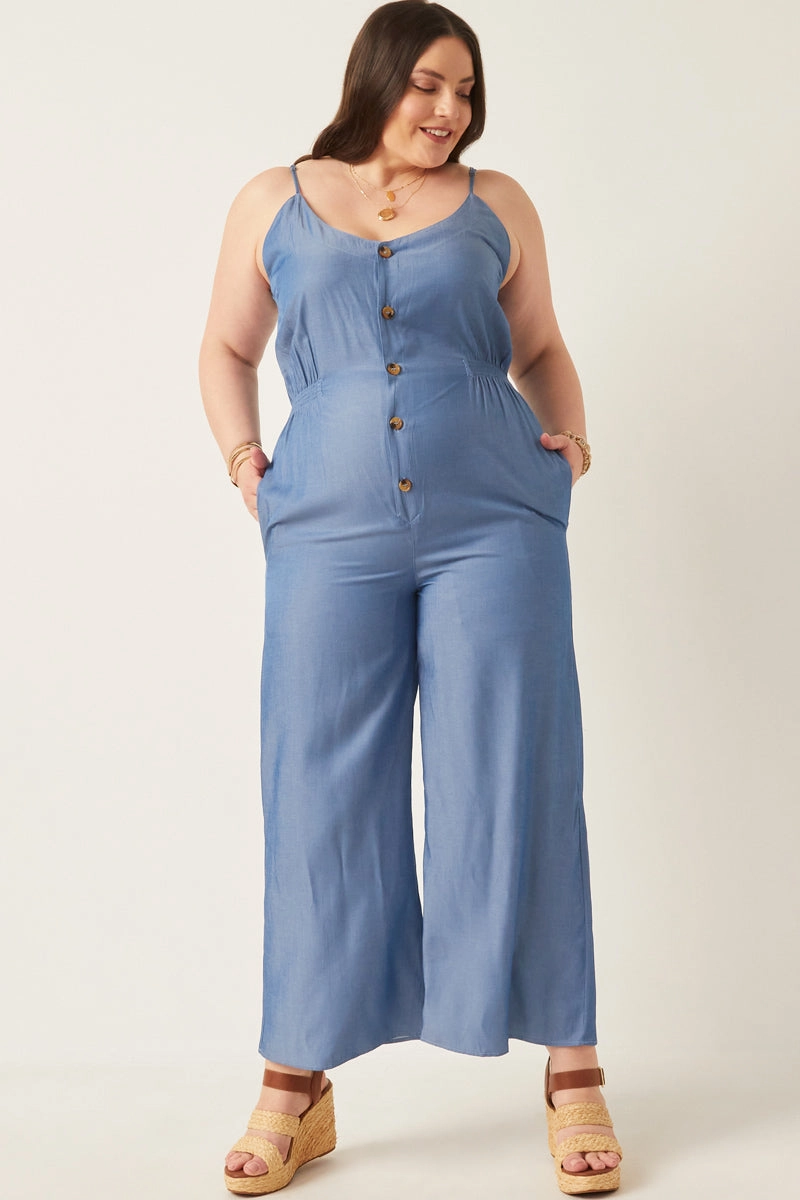 Smock Detail Buttoned Wide Leg Tencel Jumpsuit Urban Casual