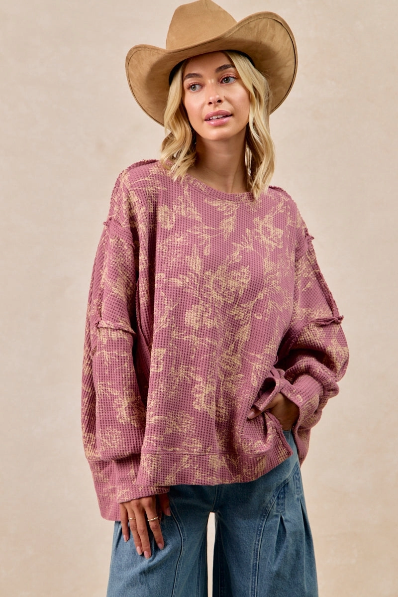 IT3426G-17 | FLORAL PRINT WASHED WAFFLE THERMAL SWEATSHIRT Loose cut Flexible Fit