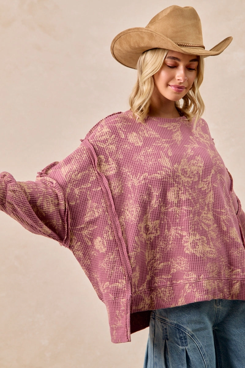 High-waisted fit Move Easy IT3426G-17 | FLORAL PRINT WASHED WAFFLE THERMAL SWEATSHIRT