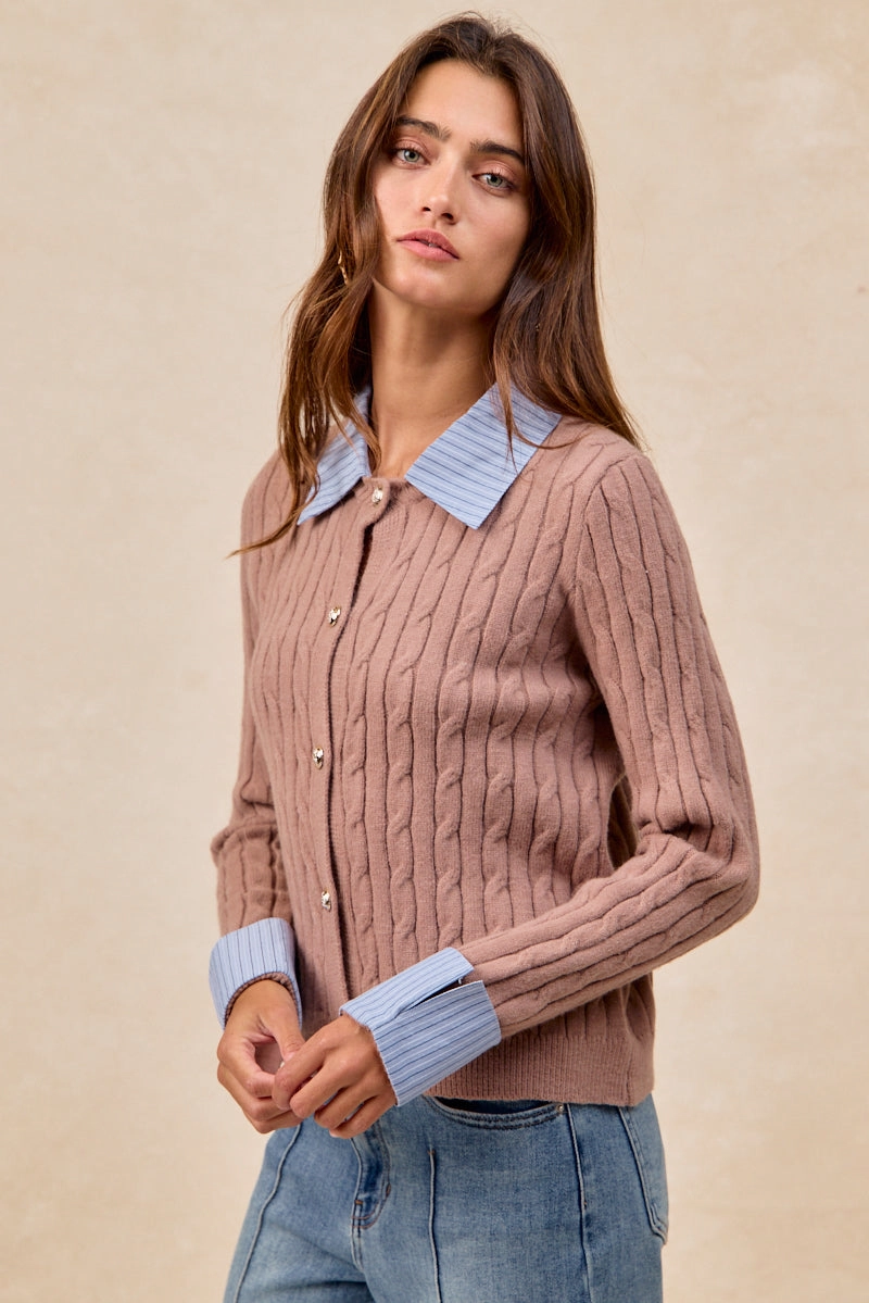 Modern Touch Gentle Flow IT4797-01 | CABLE KNIT SWEATER CARDIGAN WITH FABRIC EDGED