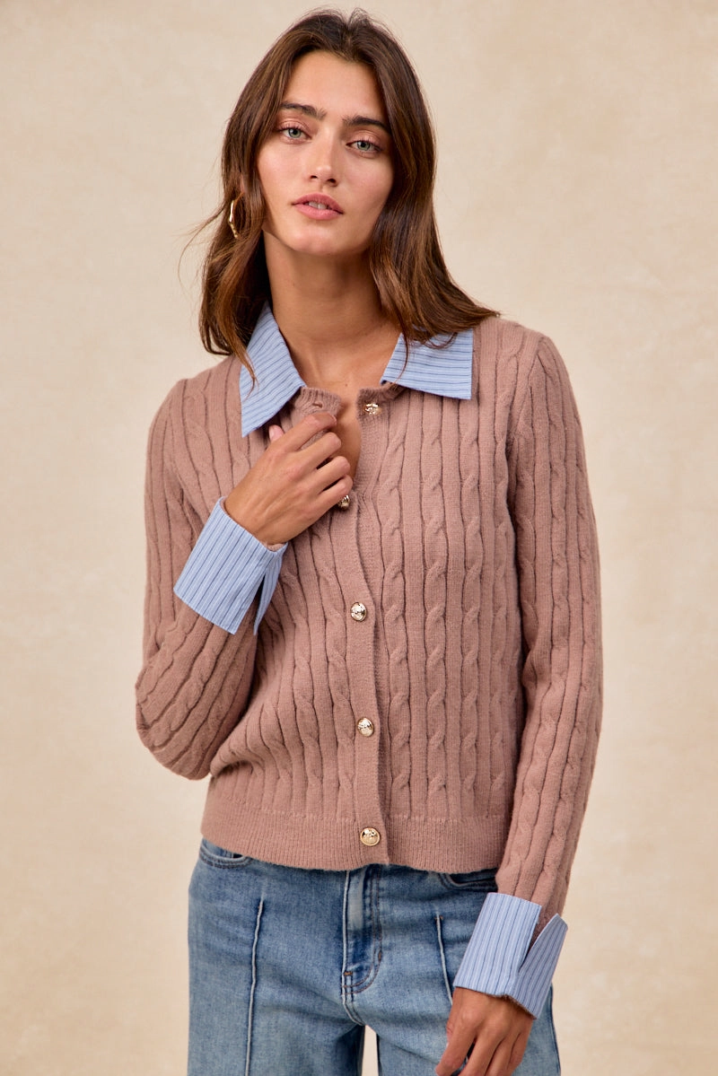 Tailored Elegance Unique Print IT4797-01 | CABLE KNIT SWEATER CARDIGAN WITH FABRIC EDGED