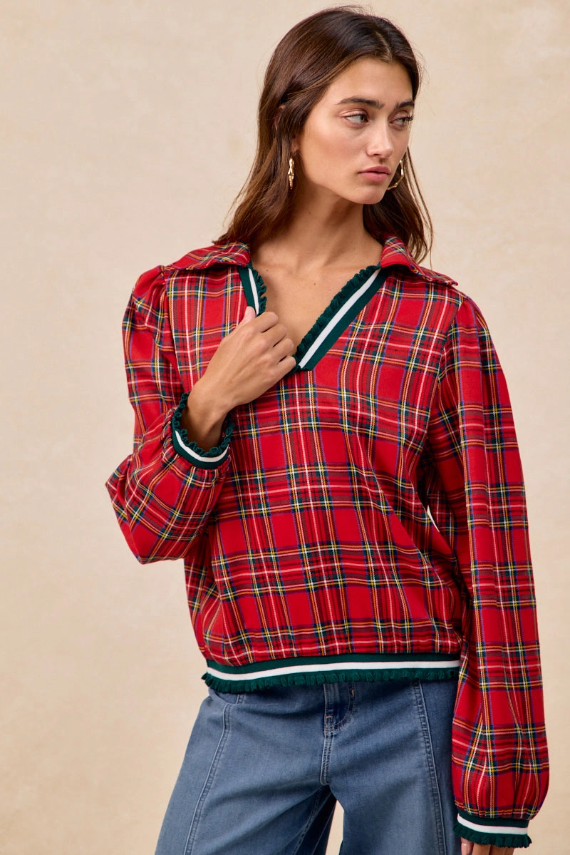 IT4789S-02 | CHRISTMAS PLAID V NECK COLLARED TOP WITH RUFFLED Anti-Static-Finish Simplistic Mood