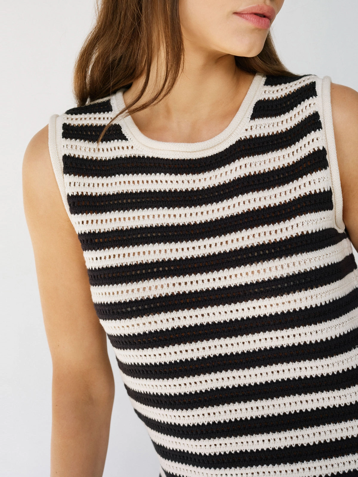 Chic and Cozy Crochet Shell Sweater Chalk Black Stripe