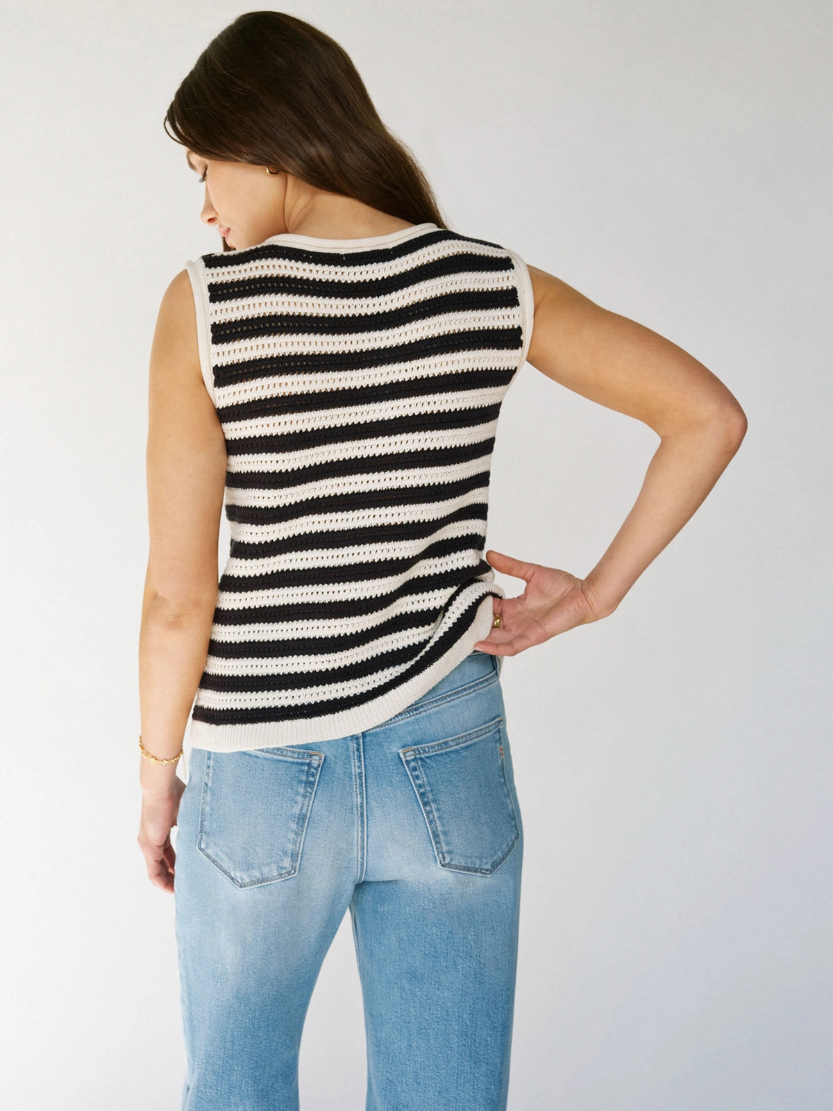 Chic and Cozy Crochet Shell Sweater Chalk Black Stripe