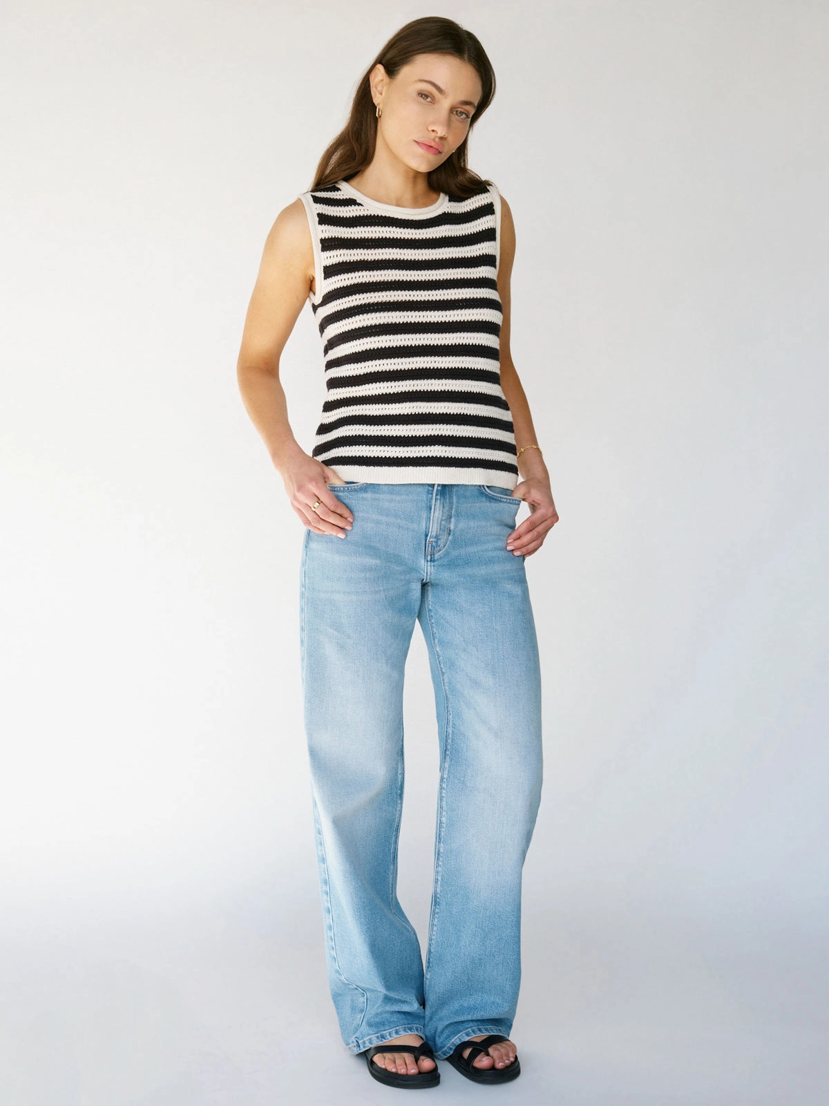 Chic and Cozy Crochet Shell Sweater Chalk Black Stripe