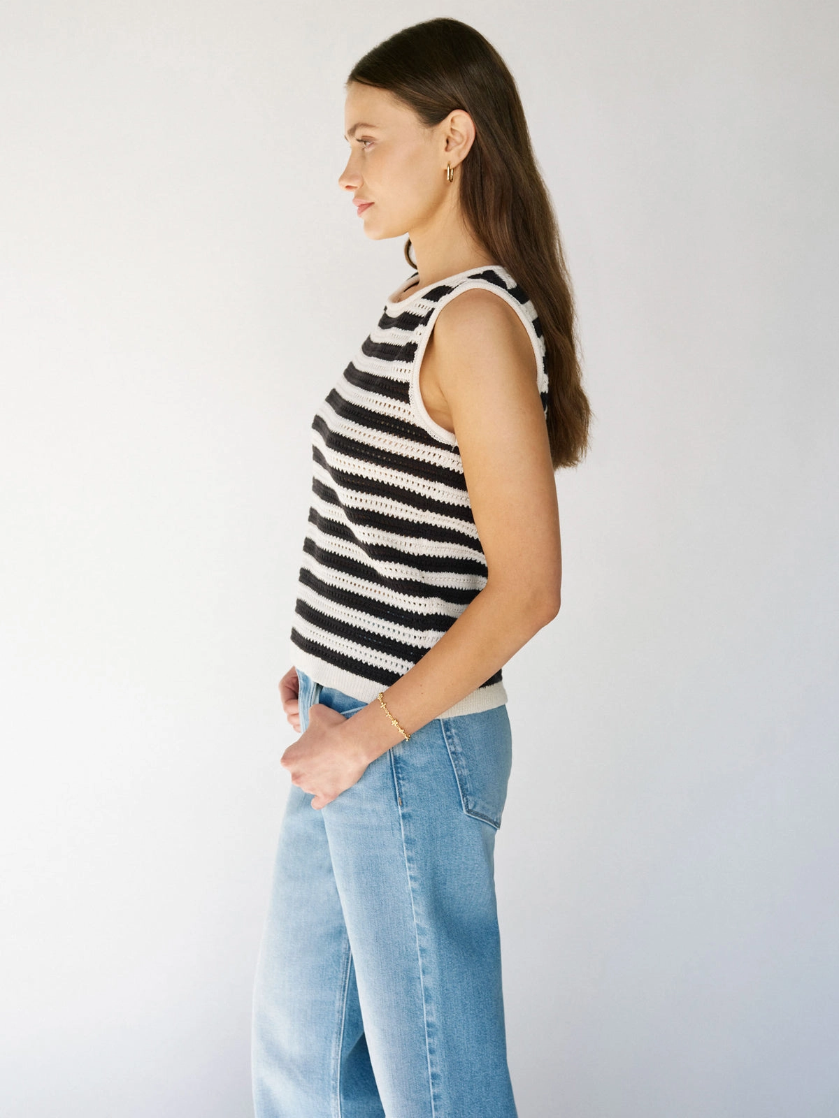 Chic and Cozy Crochet Shell Sweater Chalk Black Stripe