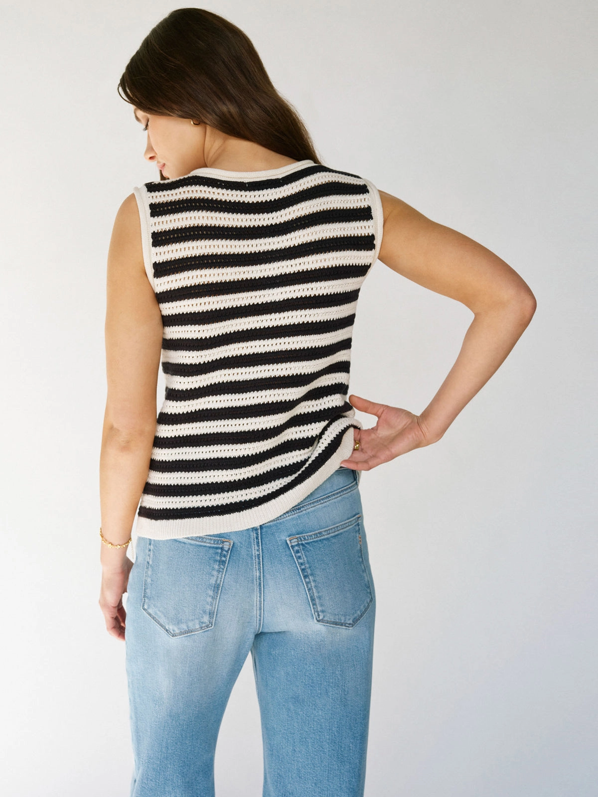 Chic and Cozy Crochet Shell Sweater Chalk Black Stripe