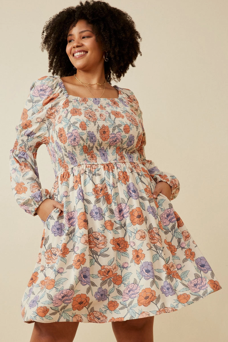 Street Casual Smooth Outline Romantic Floral Smocked Detailed Dress