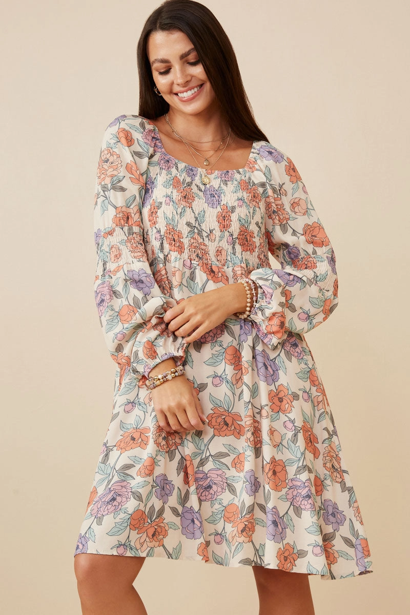 Comfortable Wear Rose Soft Romantic Floral Smocked Detailed Dress