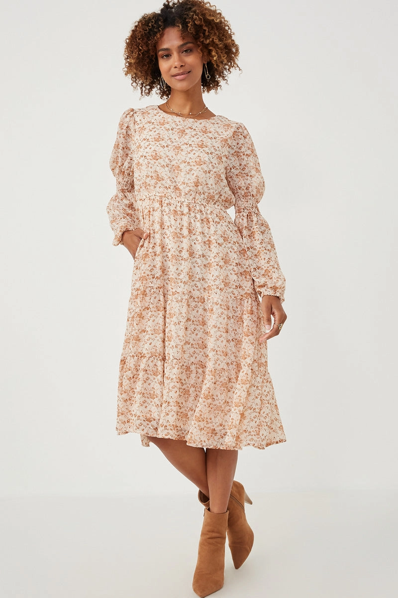 Floral Print Smocked Sleeve Midi Dress Cool Drape Daily Style