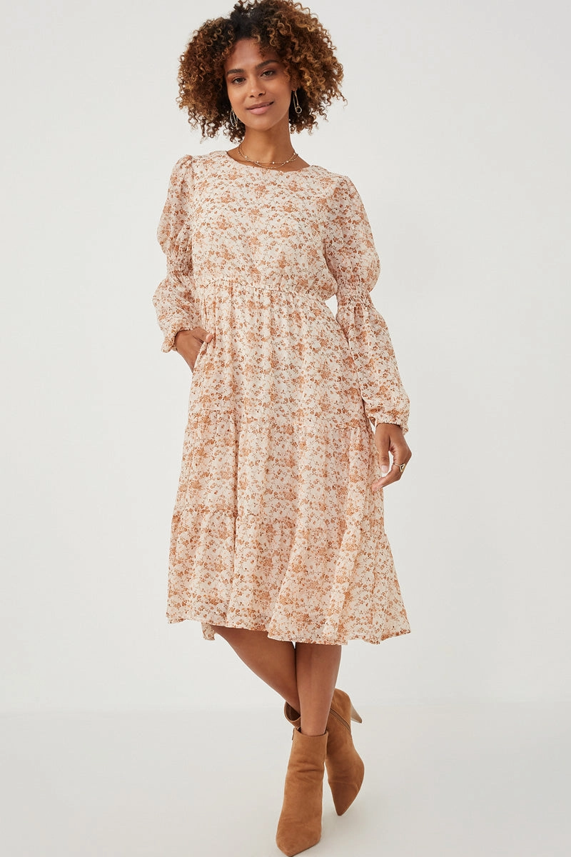 Floral Print Smocked Sleeve Midi Dress Emerging-Brand All Moments