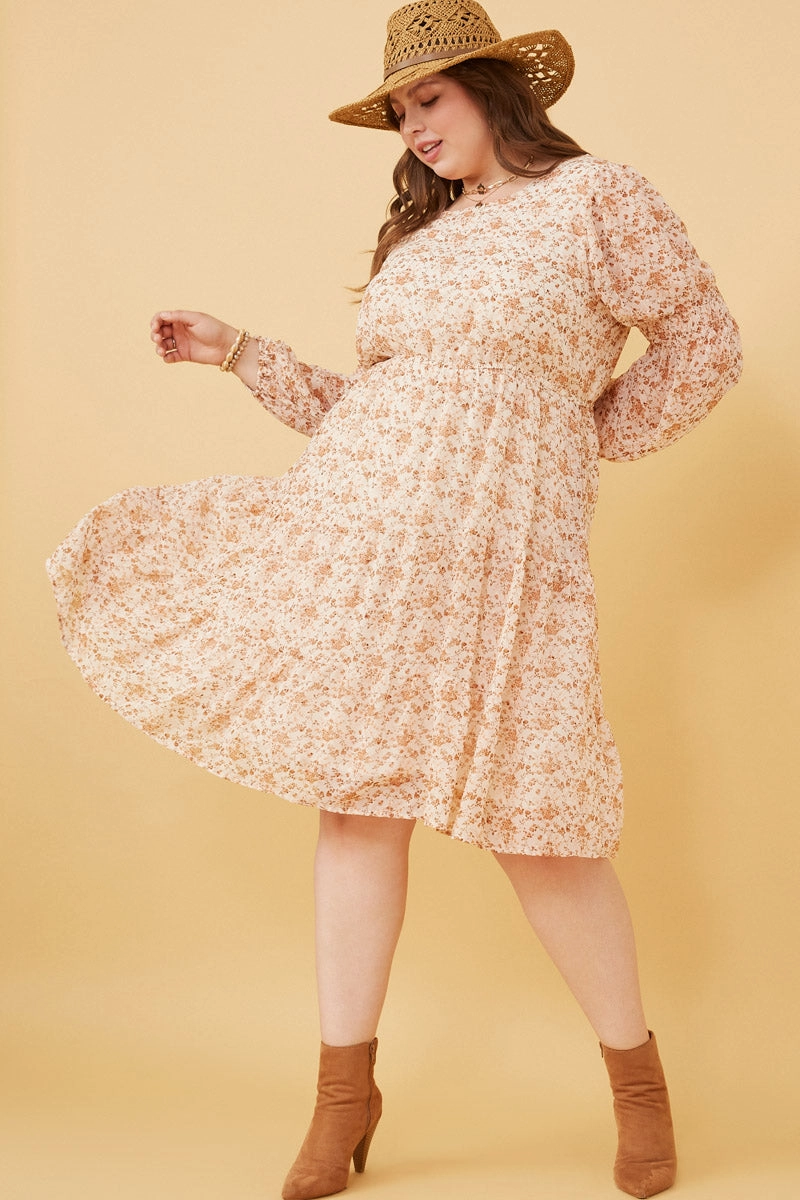 Floral Print Smocked Sleeve Midi Dress Pure Piece