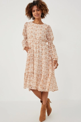 Bold Fashion Linen-Blend Floral Print Smocked Sleeve Midi Dress