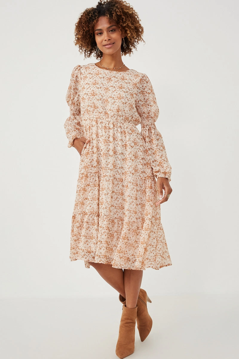 Floral Print Smocked Sleeve Midi Dress Easy Layers Balloon-Sleeve