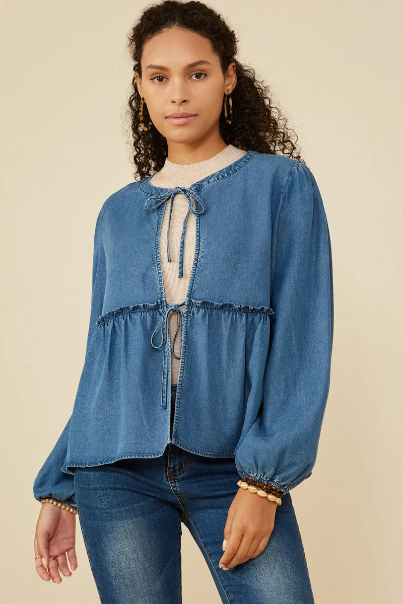 Ruffle Detail Tie Front Denim Cardigan Light Layer