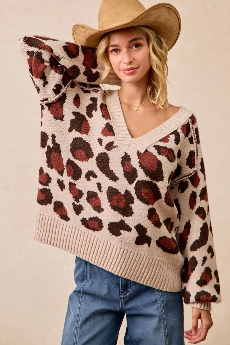 Trendy Must Have Spring Layer IT4298R-02 | LEOPARD PATTERN RIB BANDED V-NECK SWEATER TOP