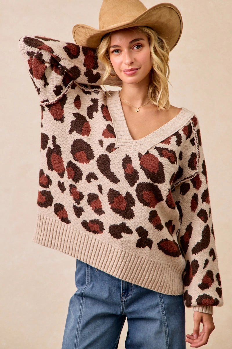 IT4298R-02 | LEOPARD PATTERN RIB BANDED V-NECK SWEATER TOP Practical Design Clean Jacket Detail