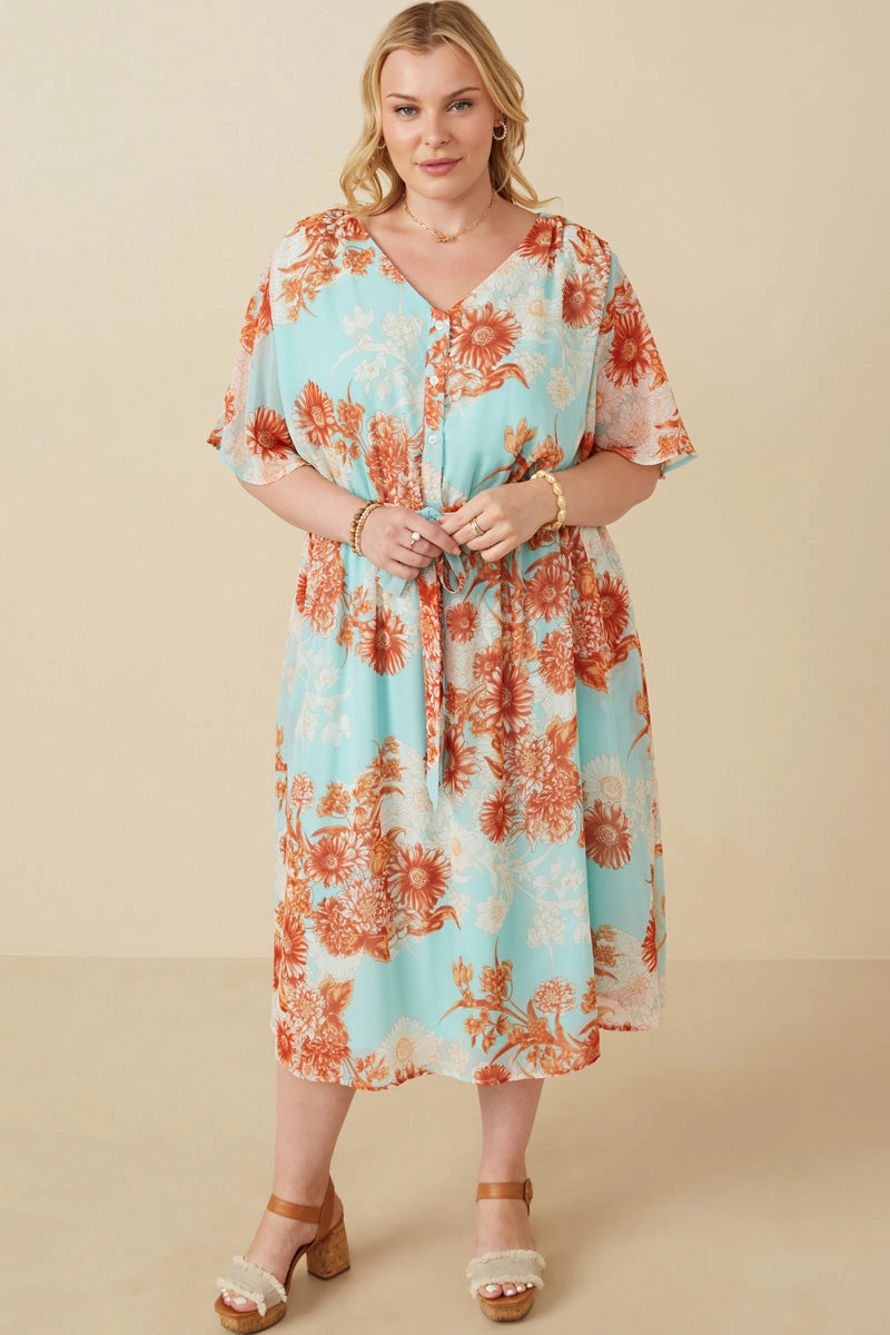 everyday elegance Soft Structure Floral Button Detail Belted V Neck Dress