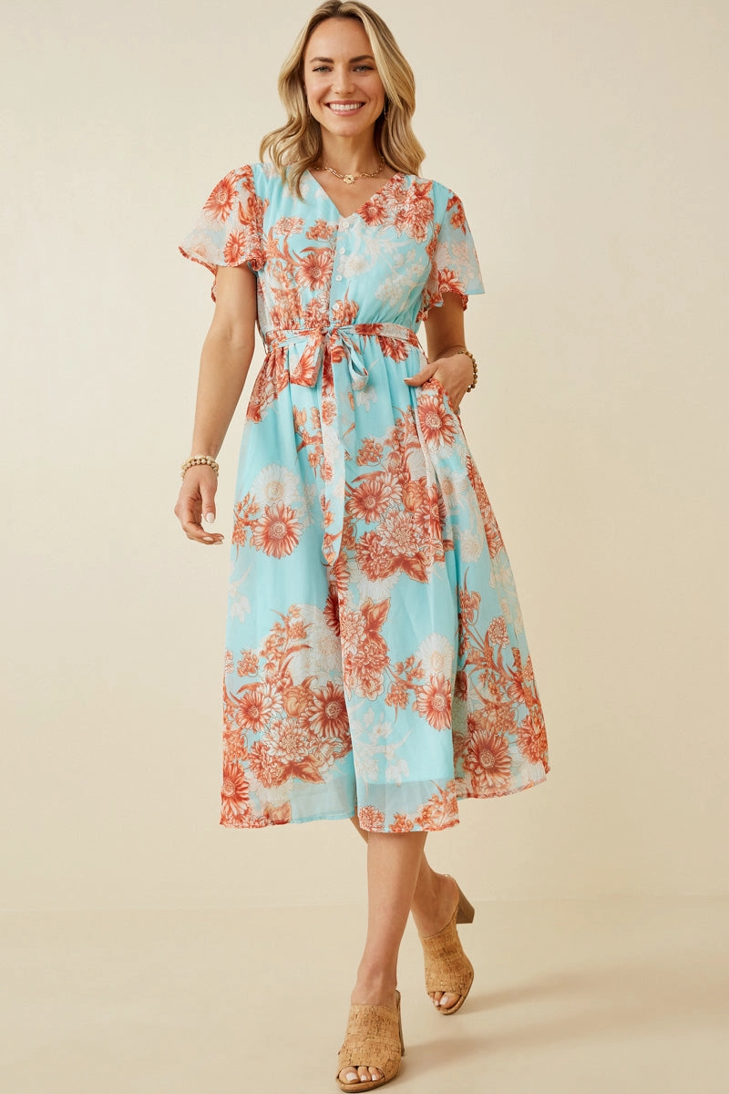 Figure-Skimming Travel Staple Floral Button Detail Belted V Neck Dress