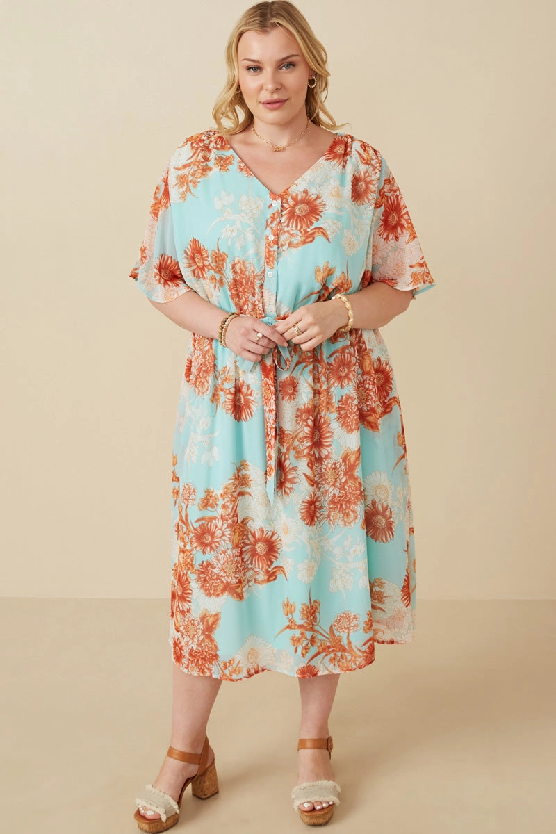 Soft Glide Sleek long-sleeve dress Floral Button Detail Belted V Neck Dress