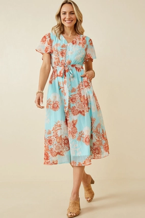 Floral Button Detail Belted V Neck Dress Bold Touch Soft Shape