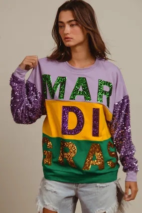 Everyday Active Style IT1508G-62 | SEQUIN MARDI GRAS LETTERING COLOR BLOCK SWEATSHIRT
