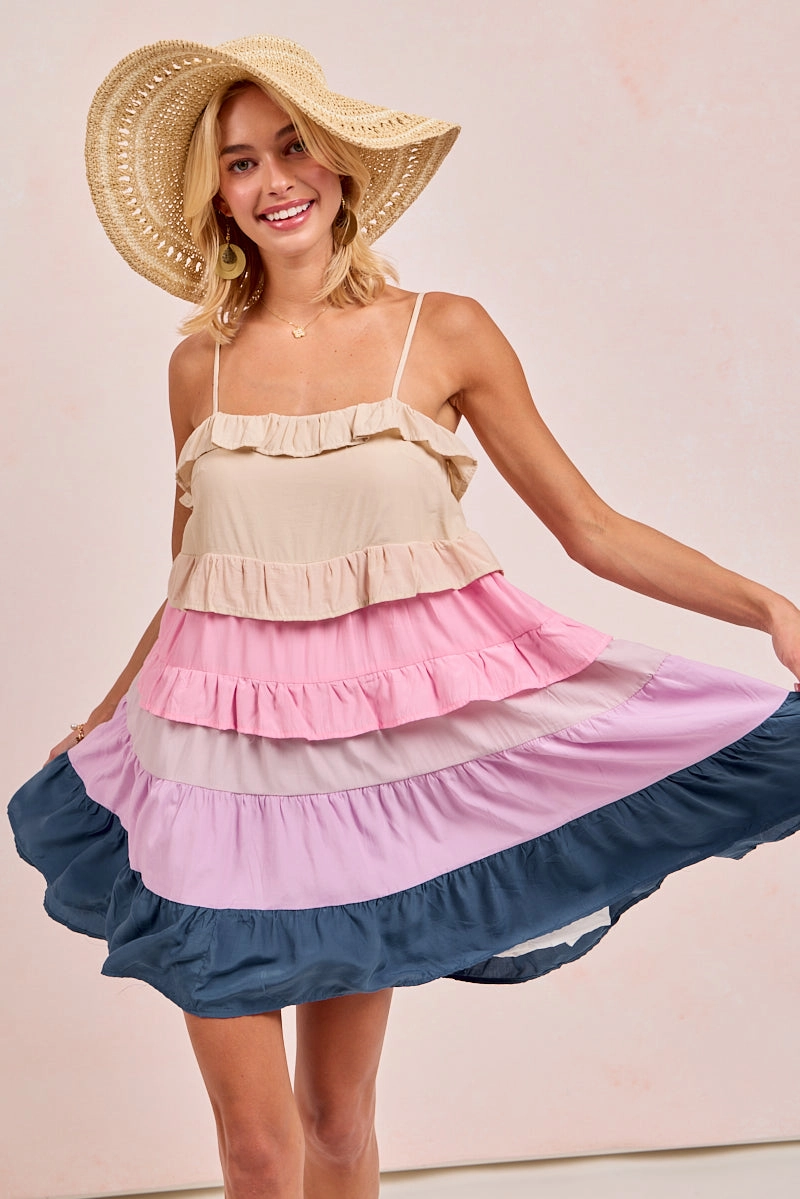 IP4838 | COLOR BLOCKED TIERED DRESS Rainy Day Functional Zip Detail