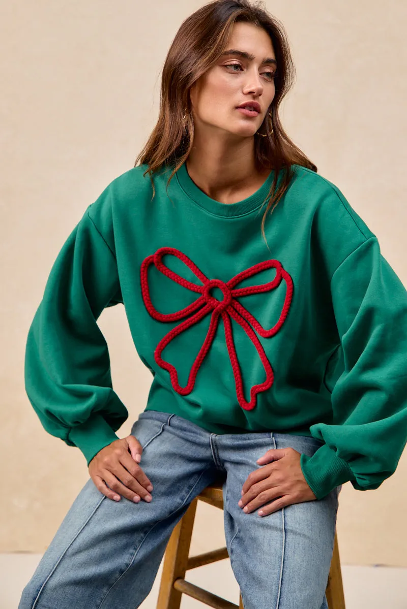 Casual City Urban Outfit IT4777S-01 | BRUSHED TERRY BOW BRAID TAPE TOP BALLOON SLEEVES