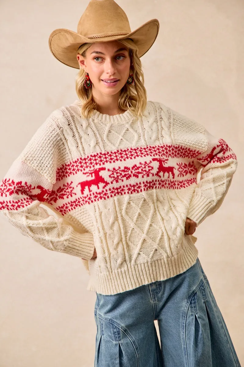 IT4763-01 | CHRISTMAS THEME PATTERNED CABLE KNIT SWEATER Office Wear