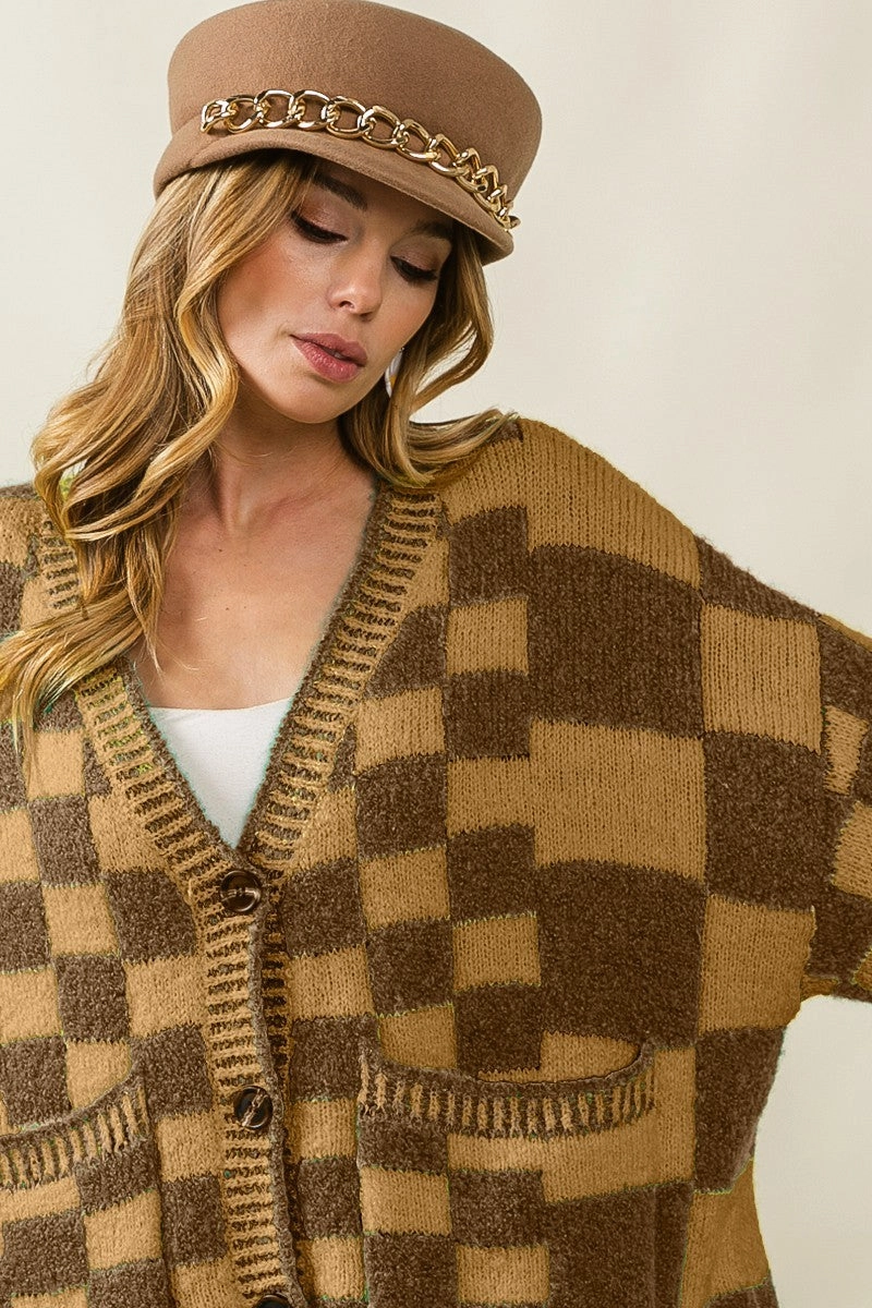 IP8302-01 | PATCH POCKETS CHECKERED SWEATER CARDIGAN Classic Casual Look