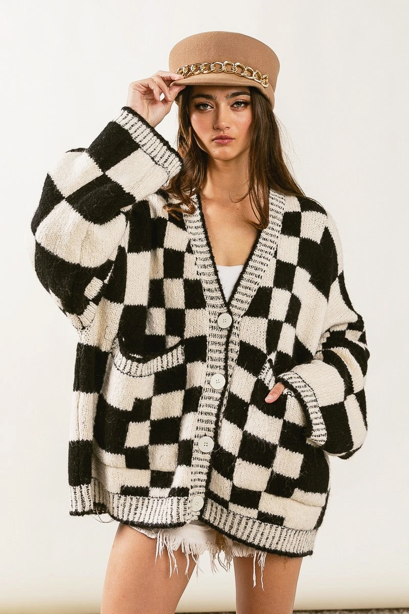 Top Guard IP8302-01 | PATCH POCKETS CHECKERED SWEATER CARDIGAN