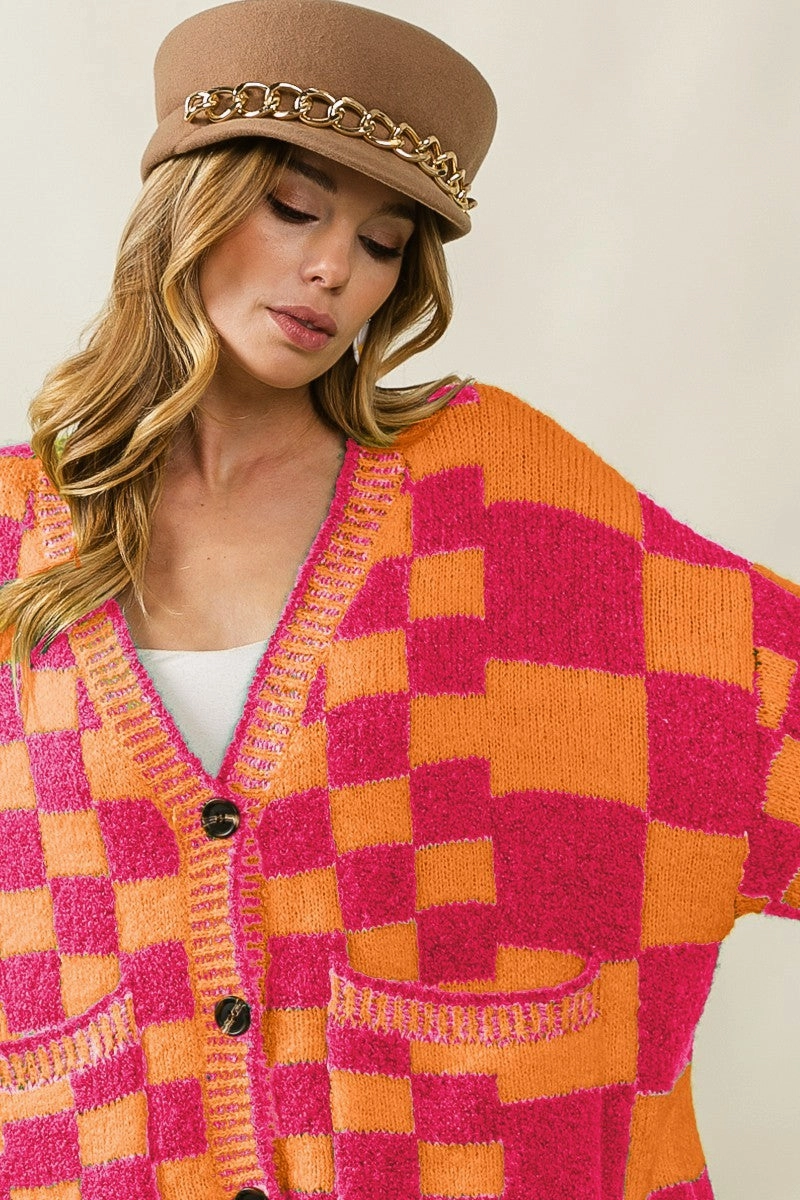 IP8302-01 | PATCH POCKETS CHECKERED SWEATER CARDIGAN Casual City Commuter Friendly Look