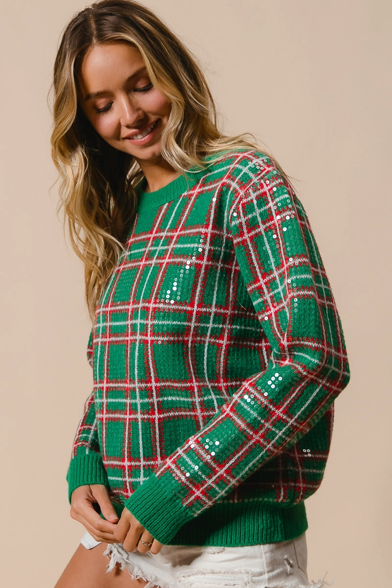 Linen blend IP8782G-02 | CLEAR SEQUIN PLAID SWEATER