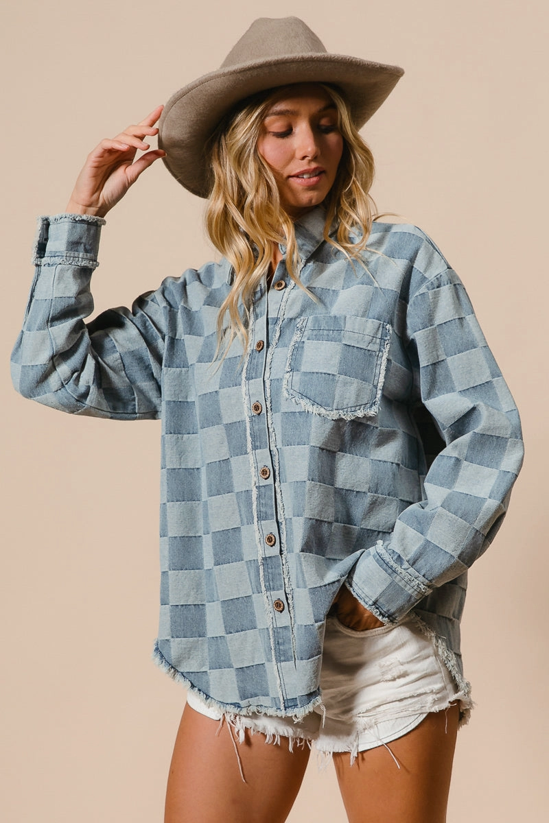 Compact Fit Look IT1835G-06 | FRAYED EDGED DETAIL WASHED CHECKER DENIM SHIRT