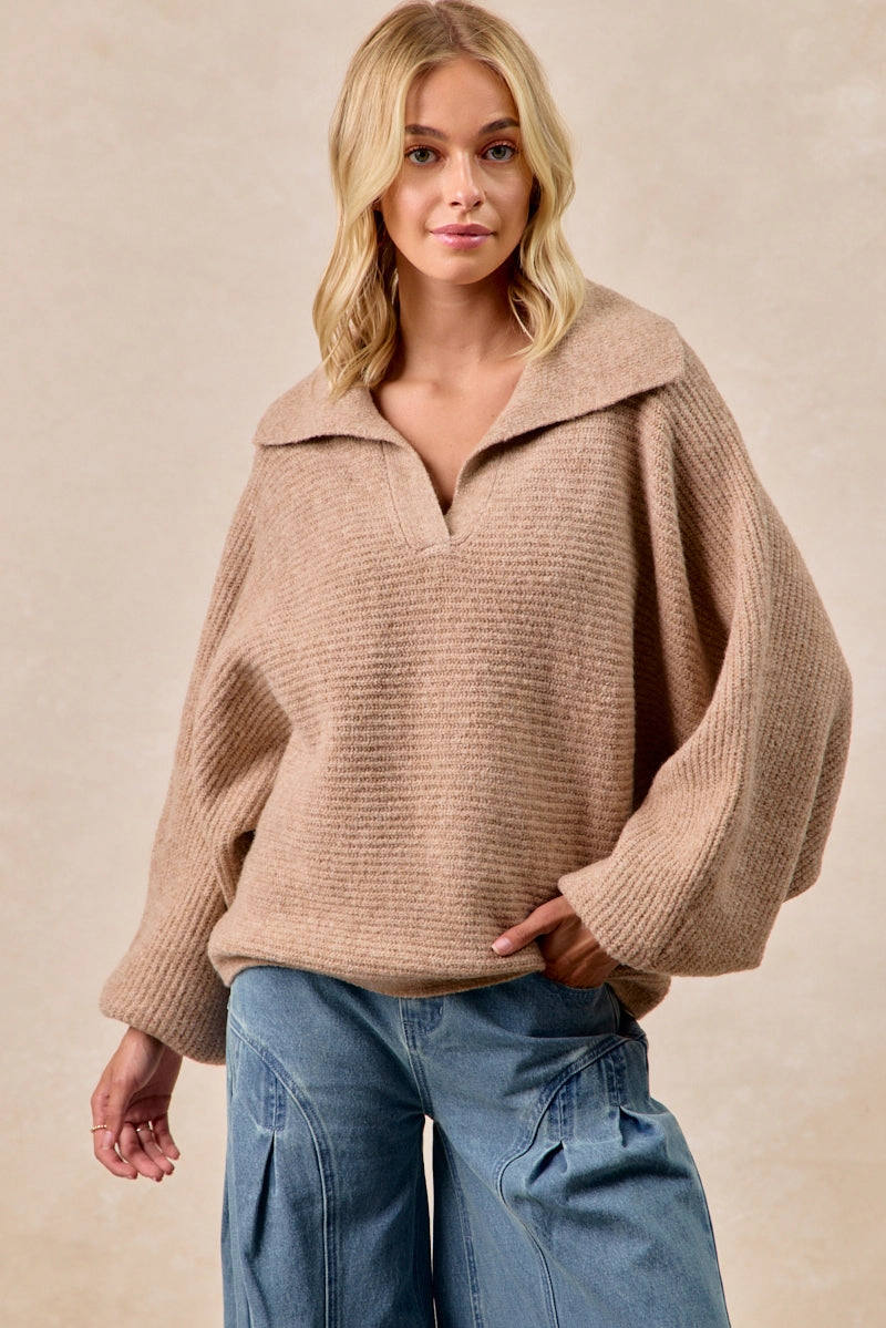 IT4523S-01 | SOLID HACCI SWEATER COLLARED TOP Trendy Design Comfy Stretch